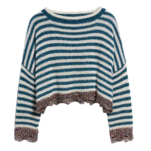 Nordstrom Pima Tinsel Striped Sweater Blue Size Medium Blue White Glitter Bling - Picture 3 of 12
